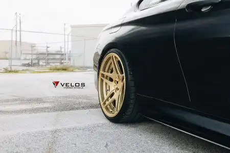 Black Sapphire Metallic BMW M4 On Gold Velos Designwerks Wheels Wallpaper
