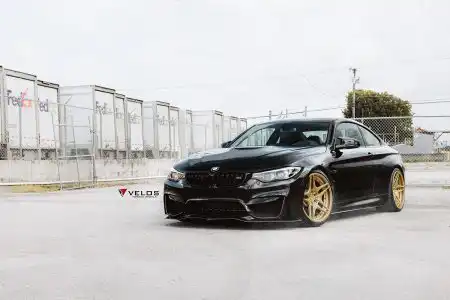 Black Sapphire Metallic BMW M4 On Gold Velos Designwerks Wheels Wallpaper