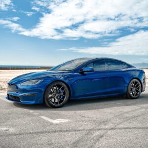 Deep Blue Metallic Tesla Model S Plaid With UP x KAM Carbon Fiber Spoiler and BBK Kit