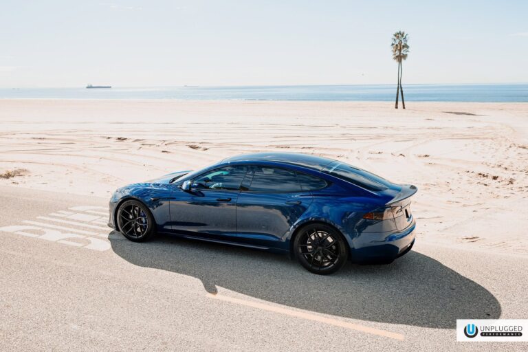 Blue Metallic Tesla Model S Plaid With UP x KAM Carbon Fiber Spoiler and BBK Kit