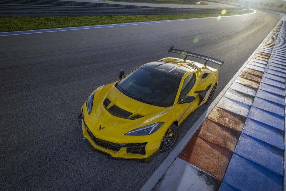 Front aerial shot of the Chevrolet Corvette ZR1 coupe in Competition Yellow with optional ZTK Performance Package on the race track