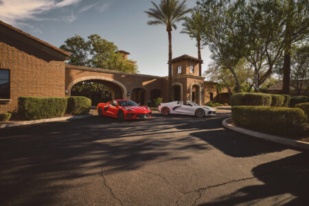 The 2027 Chevrolet Corvette Stingray in Torch Red and Arctic Whi