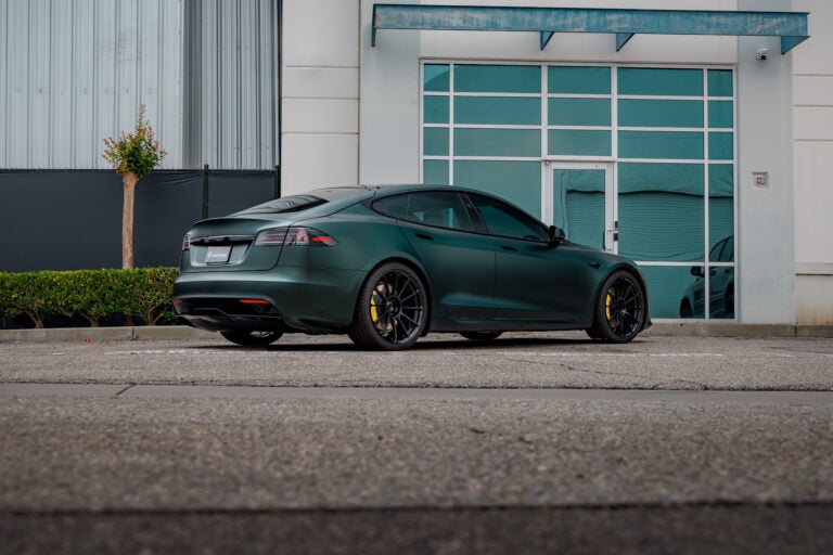 A Matte Dark Sage Tesla Model S With Unplugged Performance UP-03 Wheels